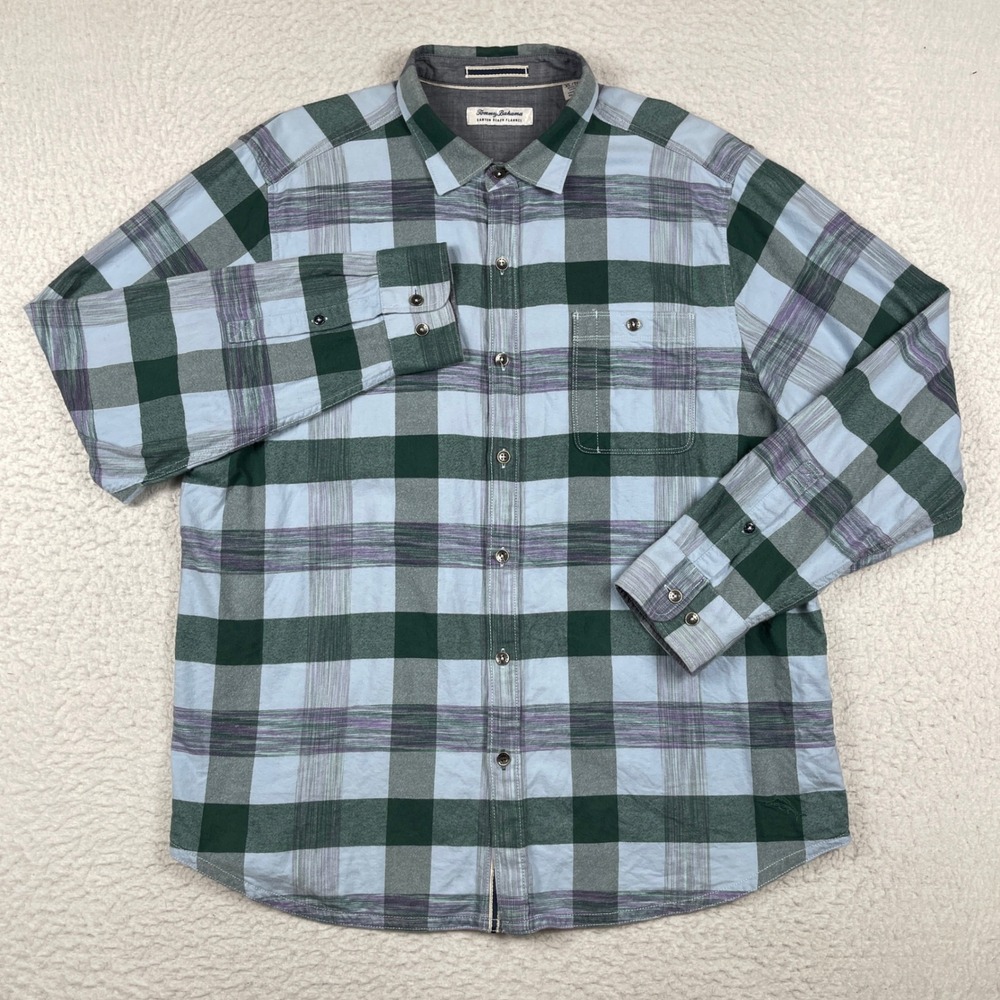 Tommy Bahama Canyon Beach Flannel Shirt Mens XL Green Blue Plaid Button Down